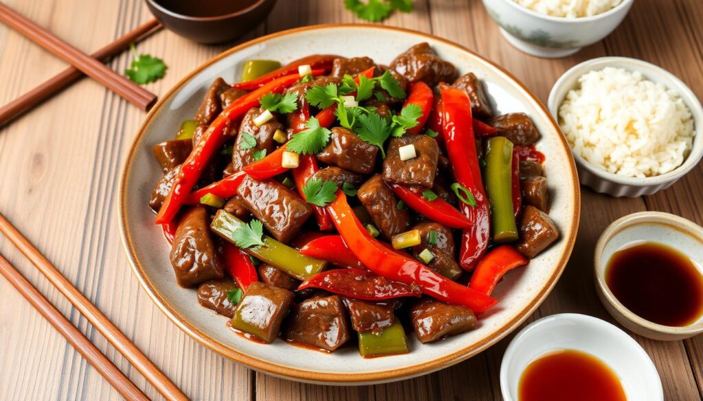 Sichuan beef presentation with garnish ideas